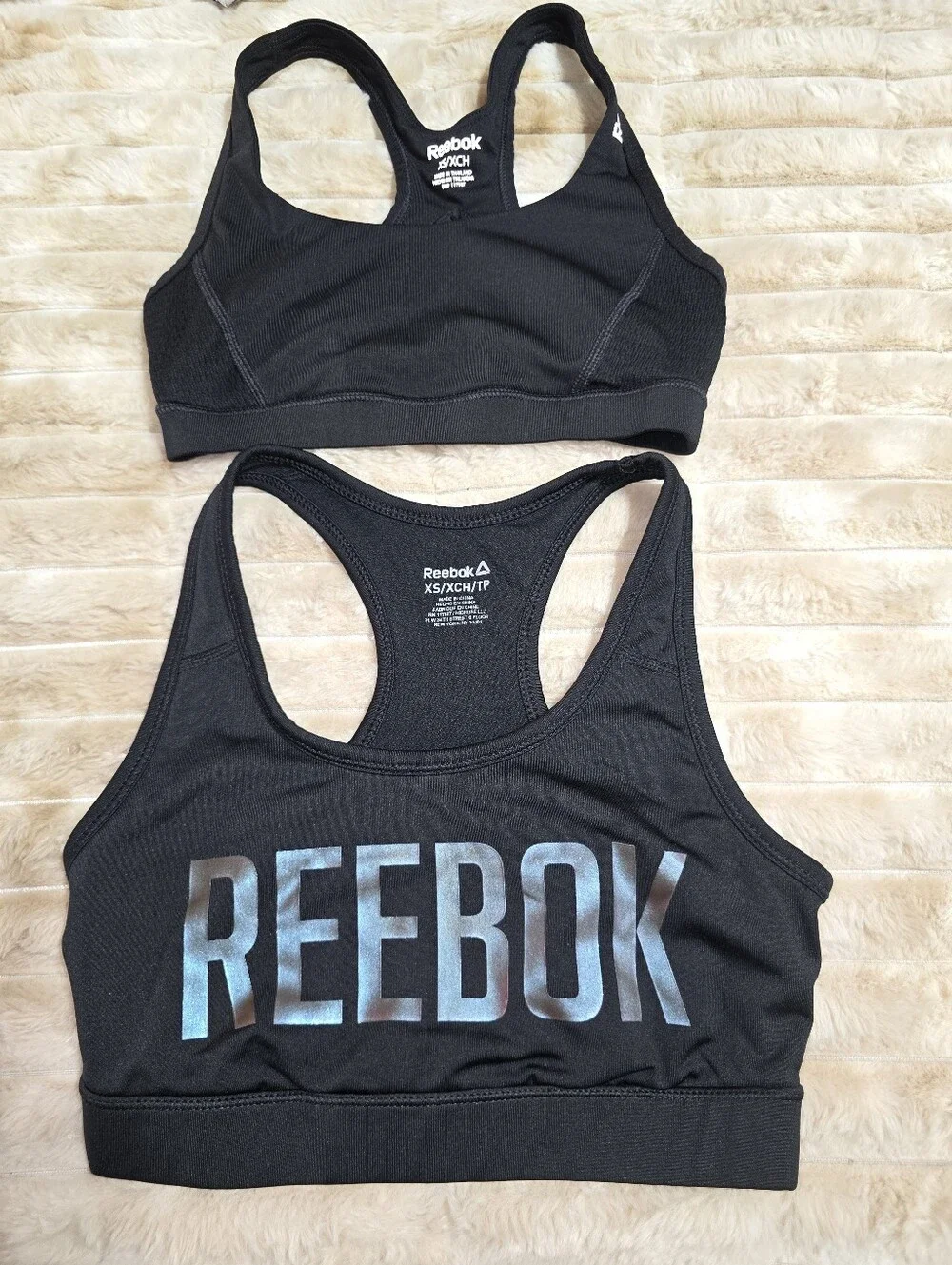 2 Reebok Women's Black Sports Bra 1 with Iridescent Logo 1 Plain